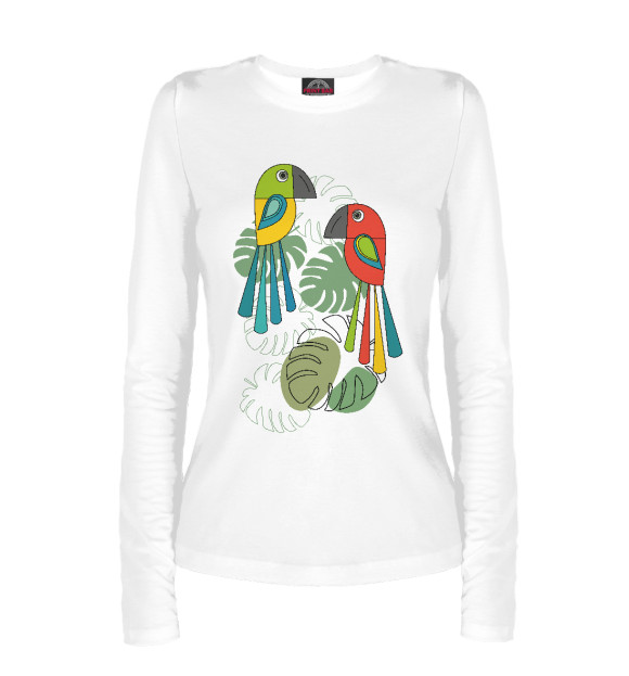 Женский лонгслив с притом Попугаи и листья монстеры. цвета Белый Женский лонгслив с изображением Попугаи и листья монстеры. цвета Белый