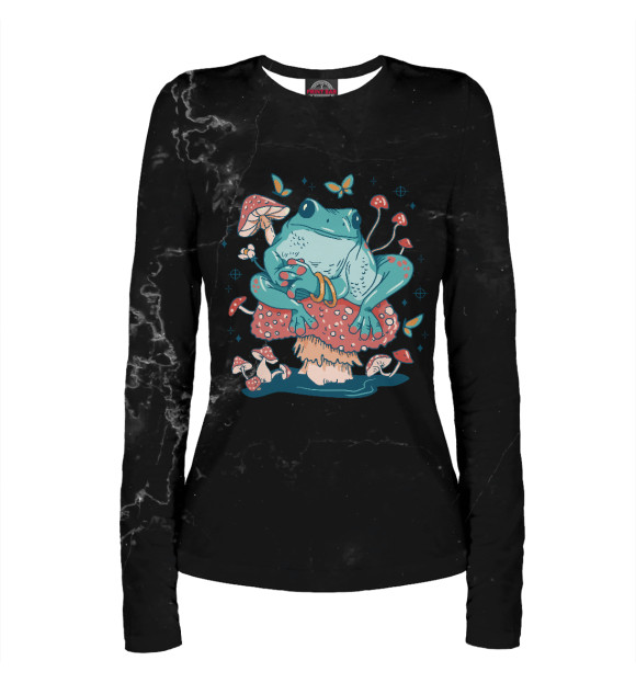 Женский лонгслив с изображением Cottagecore frog on mushroo цвета Белый