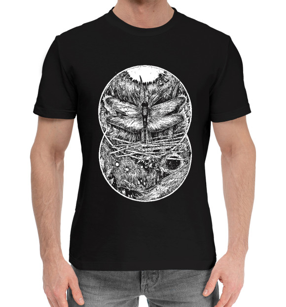 Мужская хлопковая футболка с притом Мистическая стрекоза цвета Черный Мужская хлопковая футболка с изображением Мистическая стрекоза цвета Черный