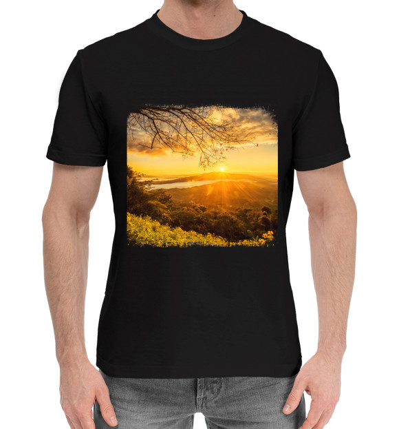 Мужская хлопковая футболка с изображением Пейзаж цвета Черный