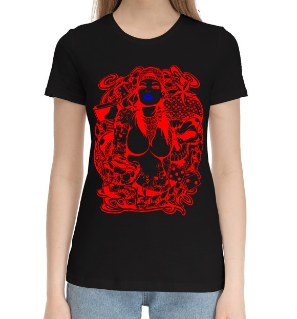 Женская хлопковая футболка с изображением Девушка цвета Черный