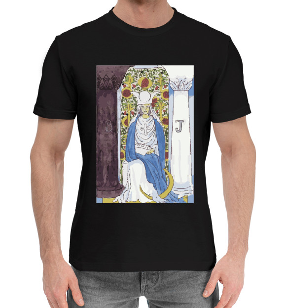 Мужская хлопковая футболка с изображением Таро Уэйта - Жрица цвета Черный