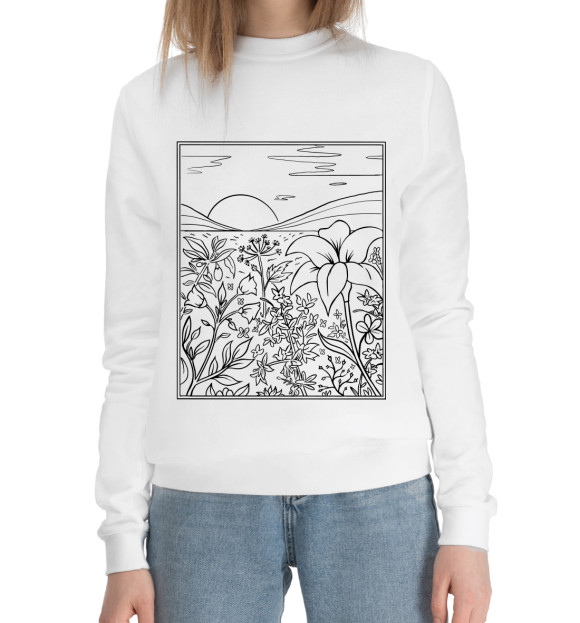Женский хлопковый свитшот с притом Пейзаж в стиле Line Art цвета Белый Женский хлопковый свитшот с изображением Пейзаж в стиле Line Art цвета Белый