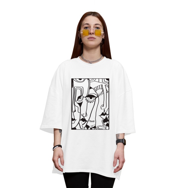 Женская футболка оверсайз с изображением Abstract faces цвета Белый