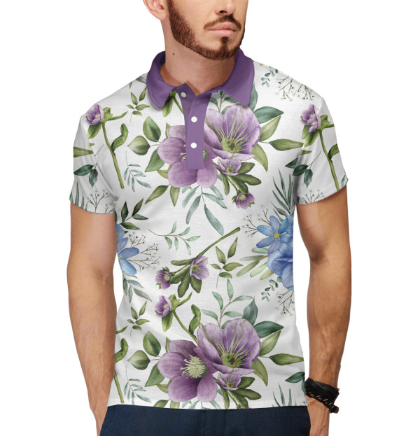 Мужское поло с изображением Акварельный букет цвета Белый