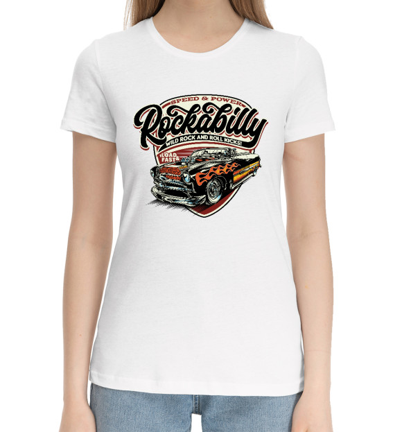 Женская хлопковая футболка с изображением Rockabilly Car цвета Белый