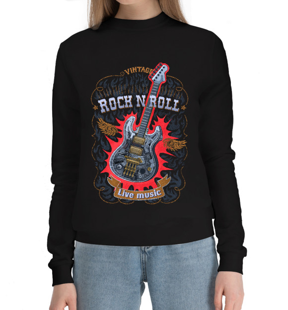 Женский хлопковый свитшот с изображением Гитара стимпанк с надписью  rock n roll цвета Черный
