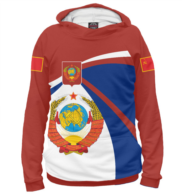 Женское худи с изображением СССР на фоне флага РФ цвета Белый