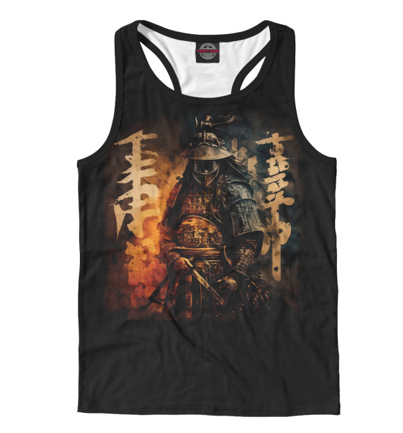 Мужская майка-борцовка с изображением Самурай и иероглифы на огненном фоне цвета Белый