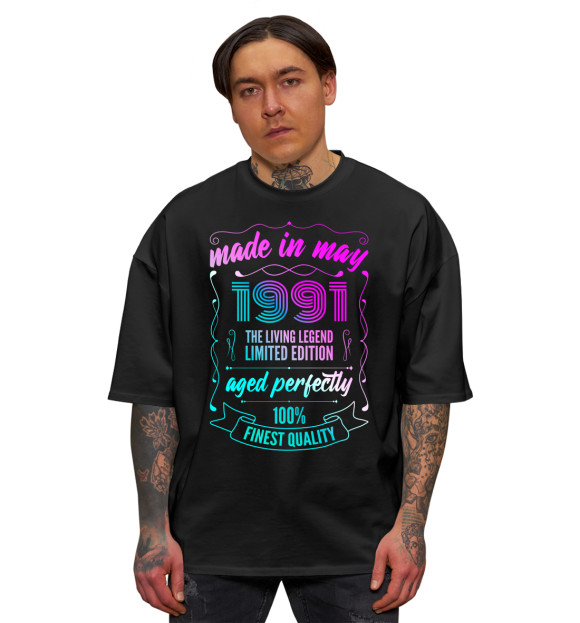 Мужская футболка оверсайз с изображением Made In May 1991 Vintage Neon цвета Черный