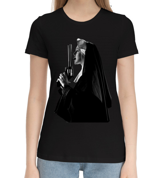 Женская хлопковая футболка с изображением Монашка цвета Черный