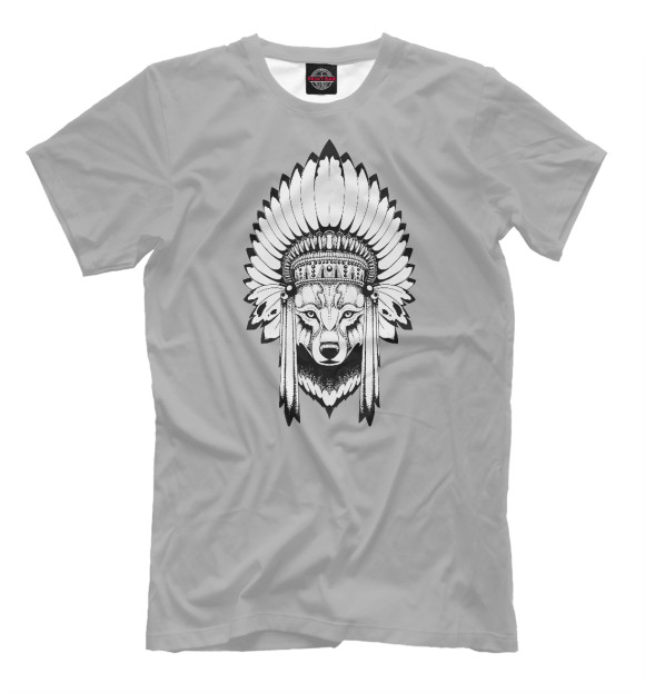Мужская футболка с изображением Индеец волк на сером фоне цвета Белый