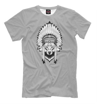 Мужская футболка Индеец волк на сером фоне