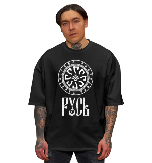 Мужская футболка оверсайз с изображением Русь (Валькирия и топоры) цвета Черный
