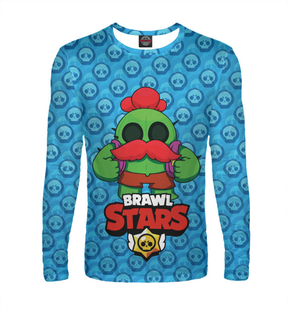 Мужской лонгслив с притом Brawl Stars Spike цвета Белый Мужской лонгслив с изображением Brawl Stars Spike цвета Белый