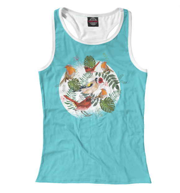 Женская майка-борцовка с притом Птицы в тропиках цвета Белый Женская майка-борцовка с изображением Птицы в тропиках цвета Белый