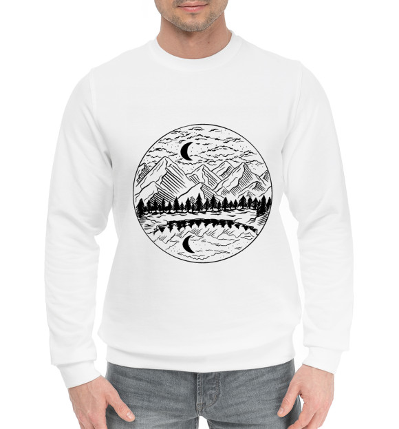 Мужской хлопковый свитшот с изображением Горный пейзаж цвета Белый