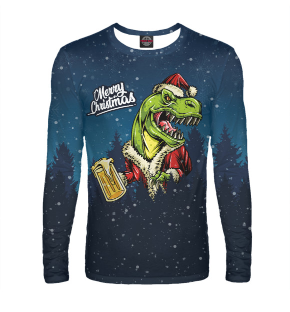 Мужской лонгслив с изображением Пивозавр Санта цвета Белый