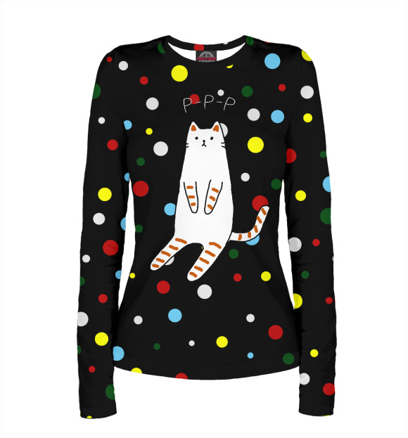 Женский лонгслив с изображением Кот и конфетти цвета Белый
