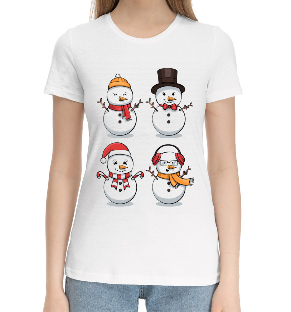 Женская хлопковая футболка с изображением Снеговики цвета Белый