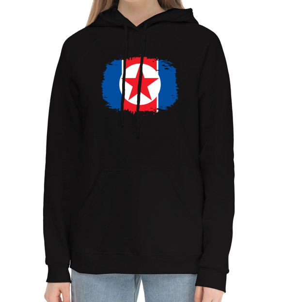 Женский хлопковый худи с изображением Флаг Северной Кореи цвета Черный