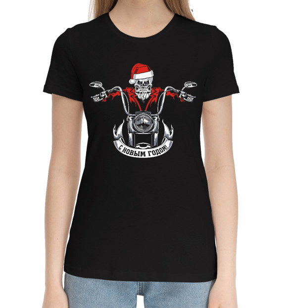 Женская хлопковая футболка с изображением Санта Череп цвета Черный