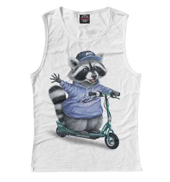 Женская майка с притом Енот на самокате цвета Белый Женская майка с изображением Енот на самокате цвета Белый