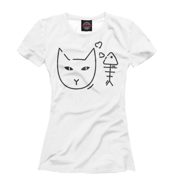 Женская футболка с изображением Кот и рыба цвета Белый