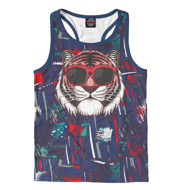 Мужская майка-борцовка с изображением Тигр в солнечных очках цвета Белый