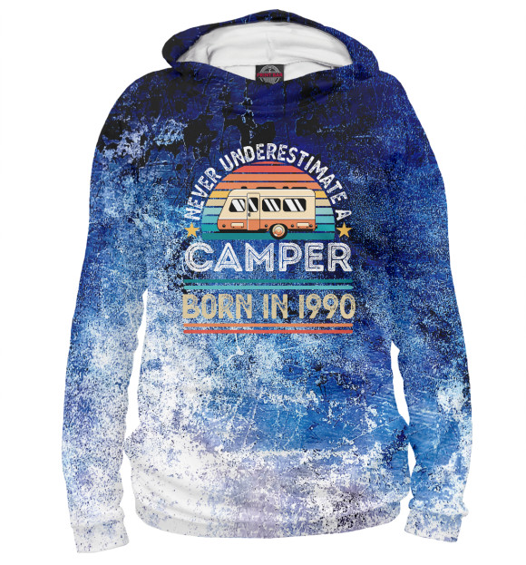 Мужское худи с изображением Camper born 1990 цвета Белый
