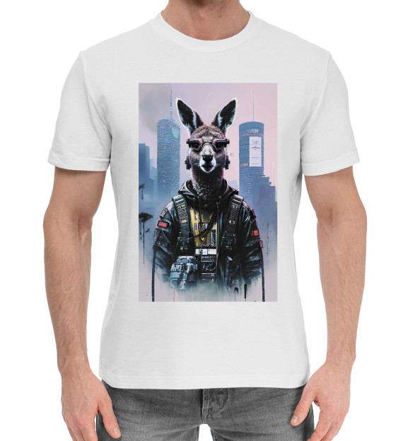Мужская хлопковая футболка с изображением Cool kangaroo - neural network цвета Белый