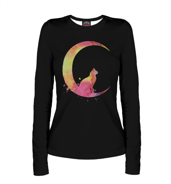 Женский лонгслив с притом Moon Cat цвета Белый Женский лонгслив с изображением Moon Cat цвета Белый