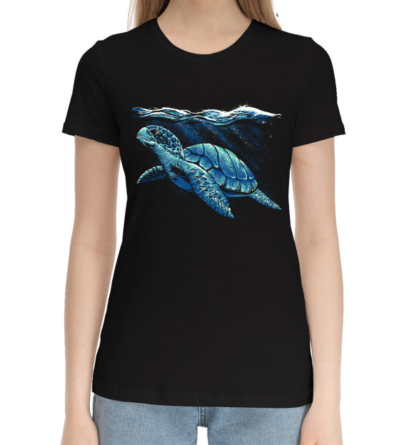 Женская хлопковая футболка с изображением Морская черепаха цвета Черный
