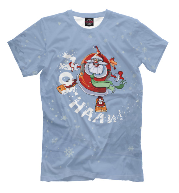 Мужская футболка с изображением Восторженный Дед Мороз на лыжах цвета Белый