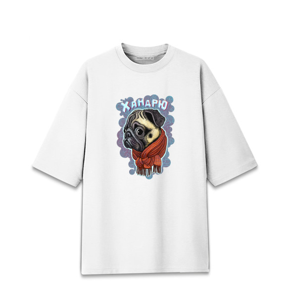 Женская футболка оверсайз с изображением Грустный мопс в шарфике цвета Белый