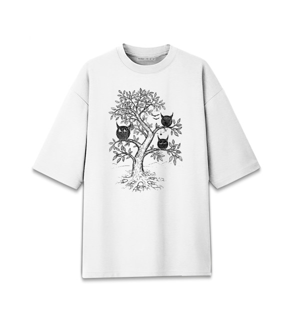 Мужская футболка оверсайз с изображением Совята на дереве цвета Белый