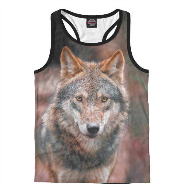 Мужская майка-борцовка с изображением Серый волк в лесу цвета Белый