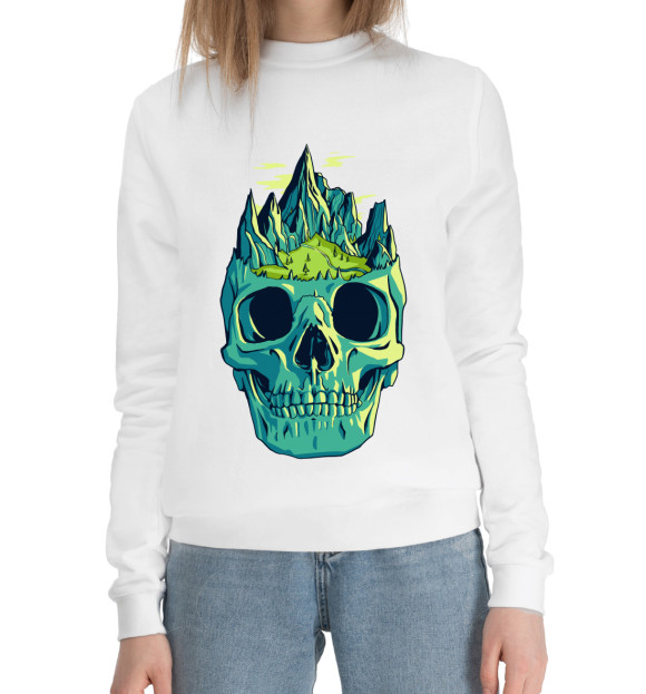 Женский хлопковый свитшот с изображением Череп с Горами цвета Белый