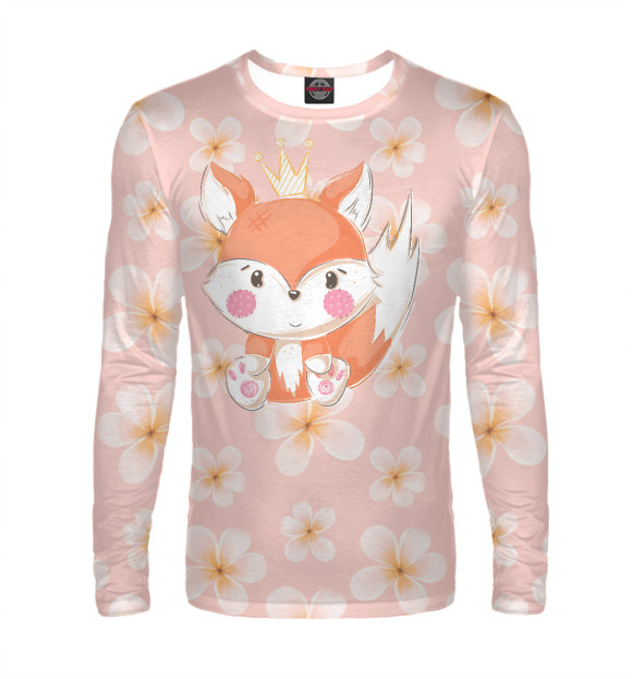 Мужской лонгслив с изображением Милый лисенок с короной цвета Белый