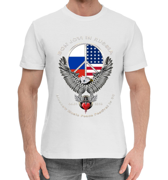 Мужская хлопковая футболка с притом Концерт Бон Джови цвета Белый Мужская хлопковая футболка с изображением Концерт Бон Джови цвета Белый