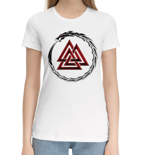 Женская хлопковая футболка с изображением Valknut цвета Белый
