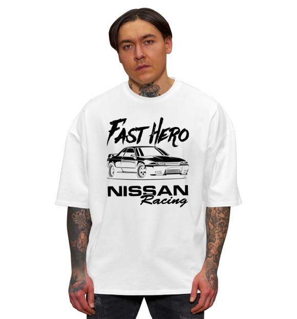 Мужская футболка оверсайз с изображением Fast Hero. R32 GT-R цвета Белый