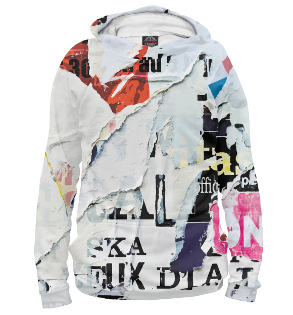 Мужское худи с изображением Рваная афиша цвета Белый