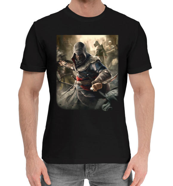 Мужская хлопковая футболка с притом Асасин цвета Черный Мужская хлопковая футболка с изображением Асасин цвета Черный