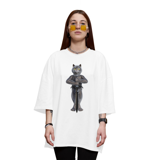 Женская футболка оверсайз с изображением Кот-рыцарь цвета Белый