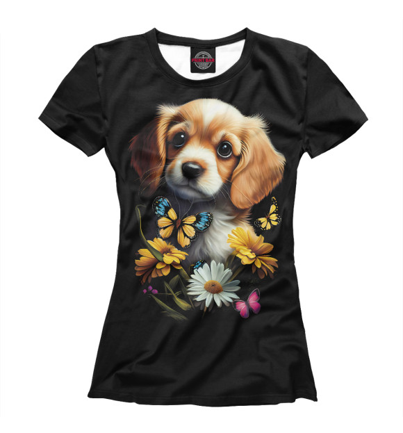 Женская футболка с изображением Милый щенок с цветами и бабочками цвета Белый