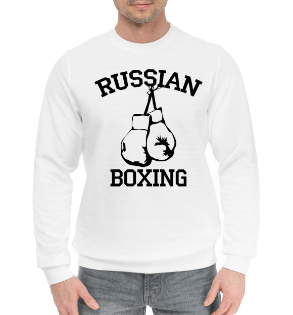 Мужской хлопковый свитшот с изображением RUSSIAN BOXING цвета Белый