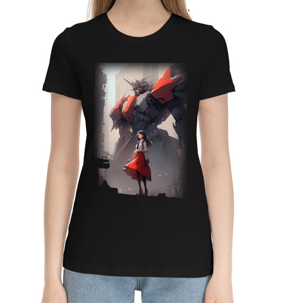 Женская хлопковая футболка с изображением Аниме девушка с роботом цвета Черный