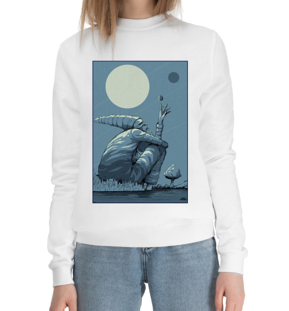 Женский хлопковый свитшот с изображением Гном и Луна цвета Белый