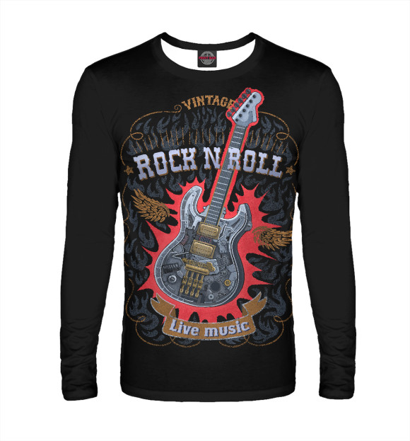 Мужской лонгслив с изображением Гитара стимпанк с надписью  rock n roll цвета Белый